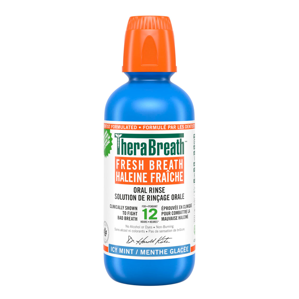 TheraBreath Fresh Breath Mouthwash blue bottle with orange cap icy mint oral rinse label