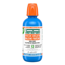 TheraBreath Fresh Breath oral rinse bottle with orange cap, blue liquid, icy mint label