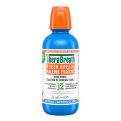 TheraBreath Fresh Breath Mouthwash blue bottle with orange cap icy mint oral rinse label