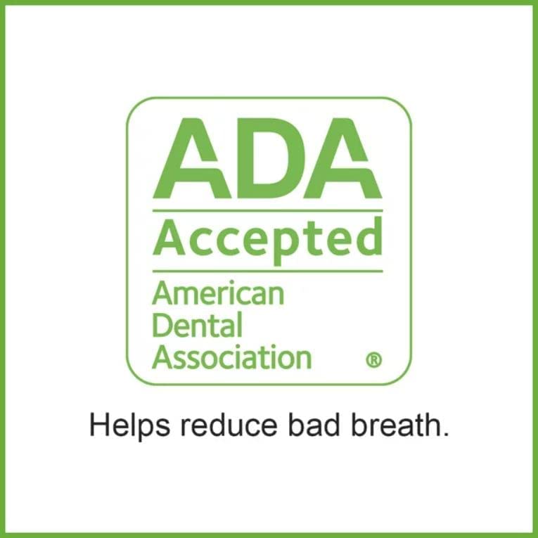 TheraBreath fresh breath oral rinse with ADA Accepted American Dental Association seal and helps reduce bad breath text
