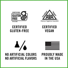 Gluten-free and vegan certification panel with no artificial colors or flavors icons