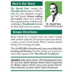 TheraBreath fresh breath oral rinse label showing Dr Harold Katz story directions and ingredient list