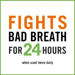 TheraBreath fresh breath oral rinse label stating fights bad breath for 24 hours when used twice daily