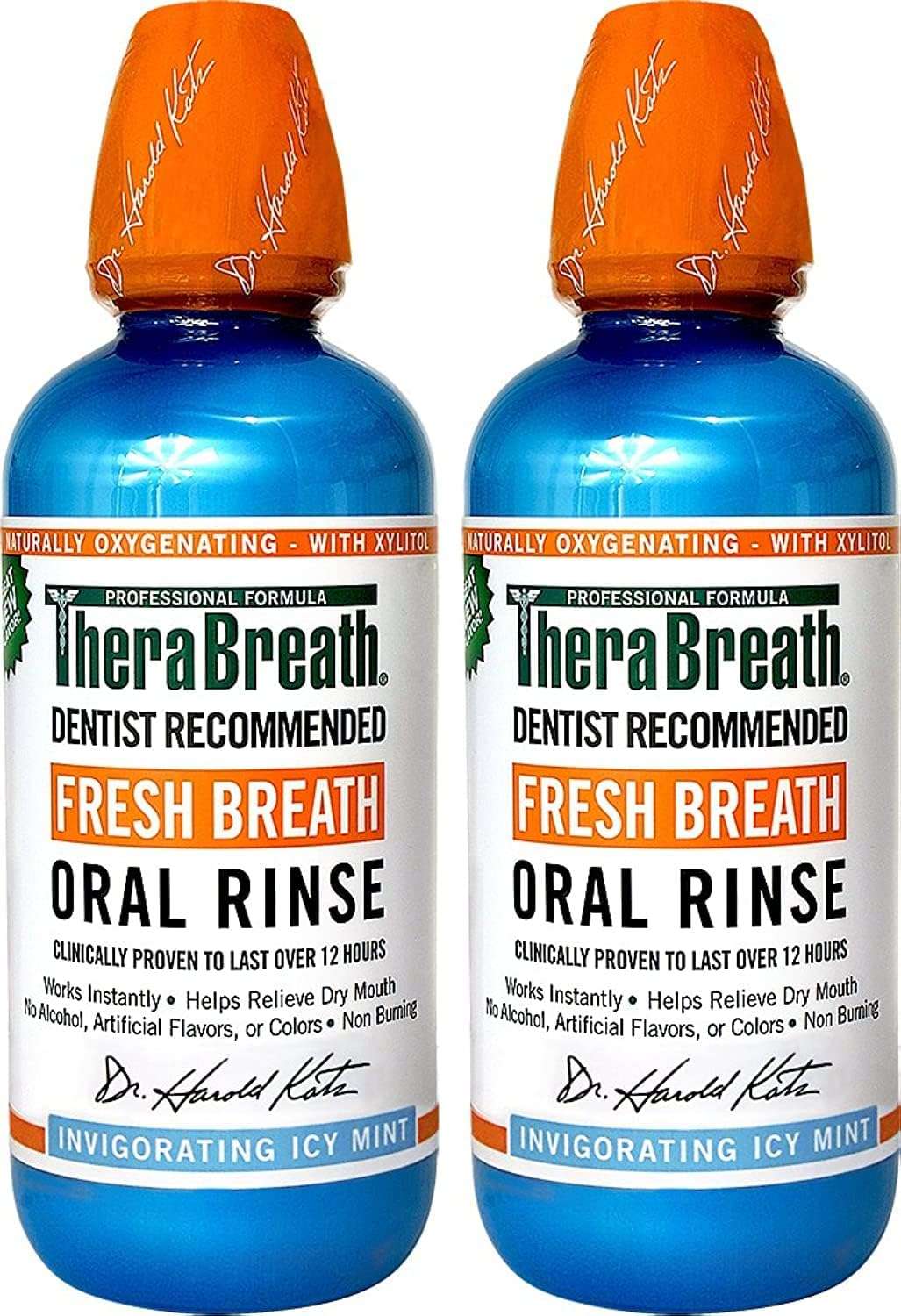Two TheraBreath fresh breath oral rinse bottles in blue with orange caps dentist recommended invigorating icy mint