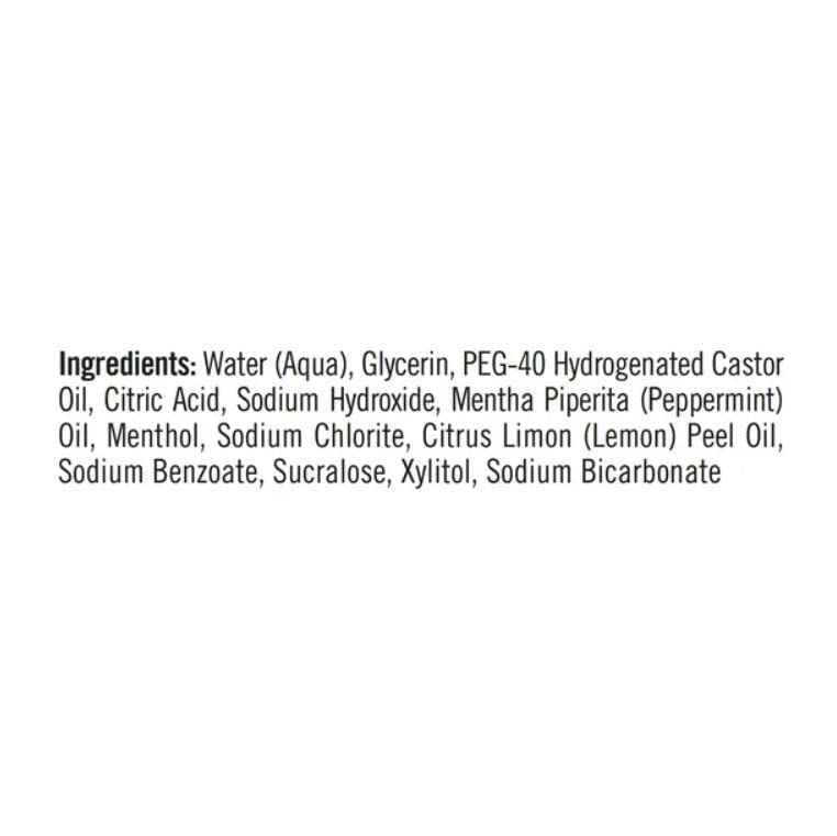 Ingredients label for TheraBreath fresh breath oral rinse listing water glycerin menthol sodium chlorite