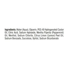 Oral rinse ingredients list panel on white background