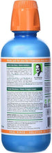 TheraBreath oral rinse bottle back label with directions, blue bottle and orange cap