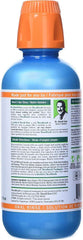 TheraBreath fresh breath oral rinse blue bottle with orange cap and back label showing directions and ingredients