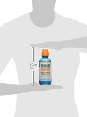 TheraBreath fresh breath oral rinse blue bottle with orange cap shown 8.2 in tall between hands silhouette