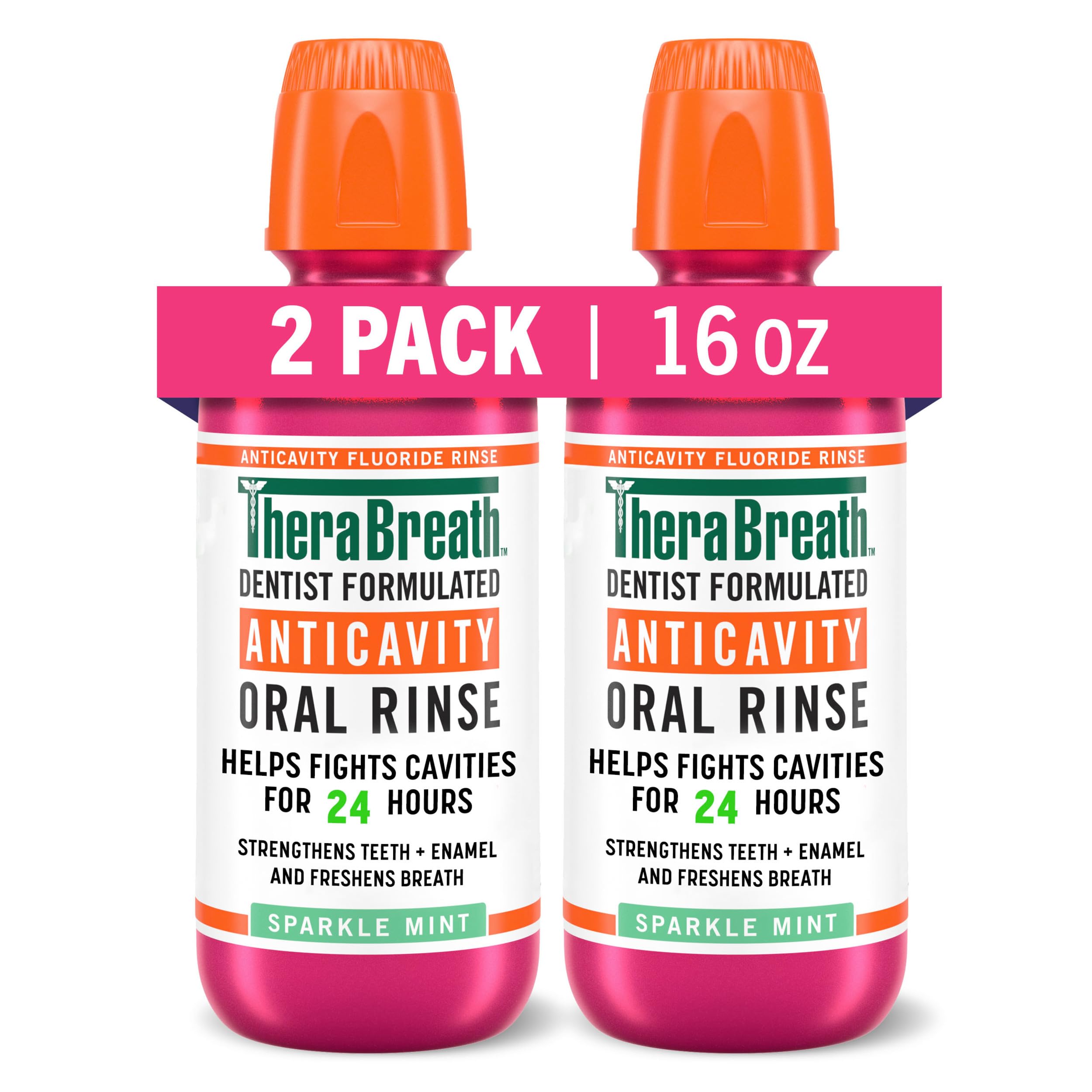 Two bottle 2 pack 16 oz TheraBreath oral rinse for bad breath anticavity dentist formulated sparkle mint
