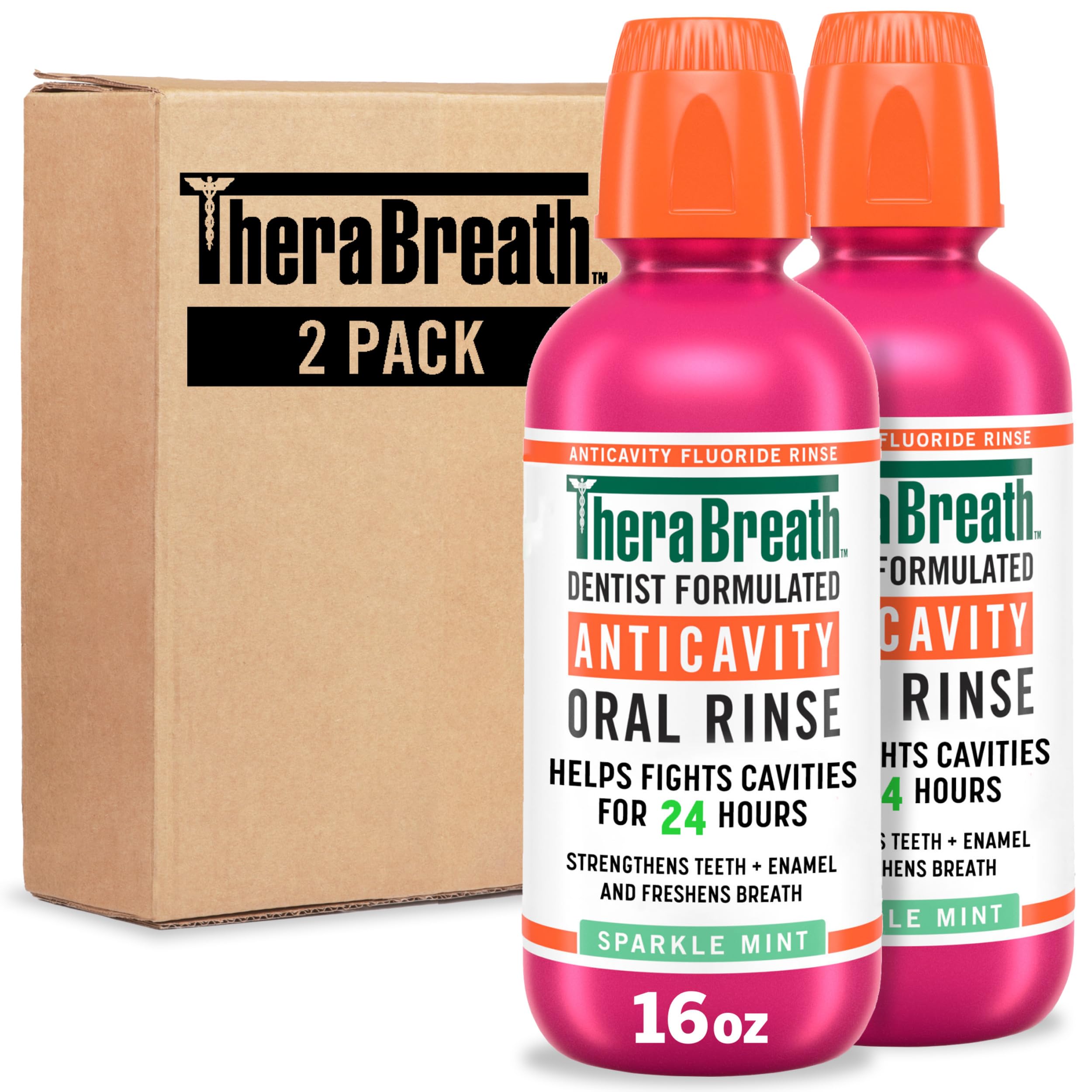 TheraBreath oral rinse for bad breath 2 pack 16 oz anticavity sparkle mint bottles dentist formulated