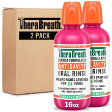 Oral rinse 2-pack in cardboard box with two pink bottles and orange caps