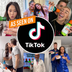 Collage of TikTok creators and a dentist showcasing TheraBreath oral rinse for bad breath with product bottles