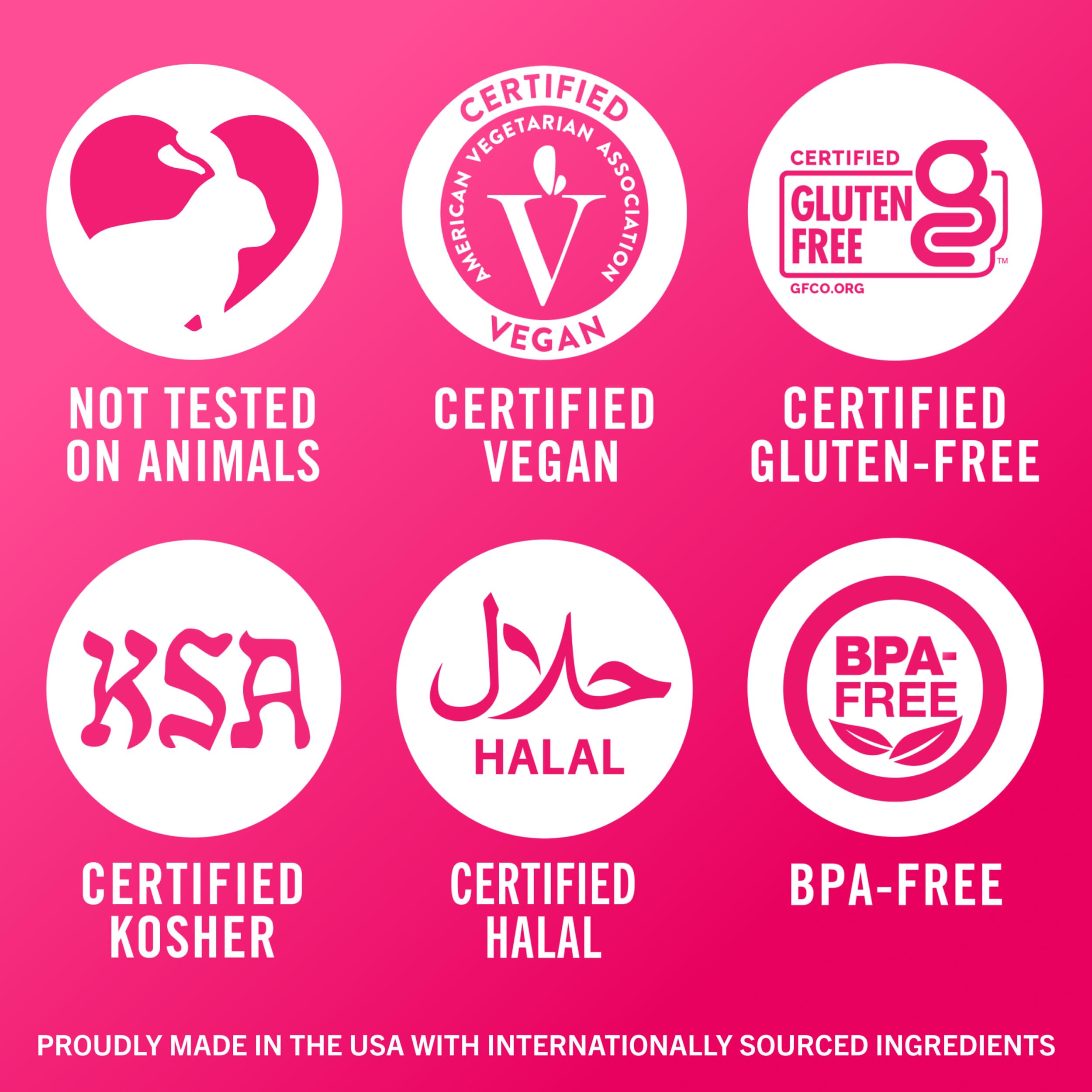 TheraBreath oral rinse for bad breath. Certification icons showing not tested on animals vegan gluten free halal kosher BPA free