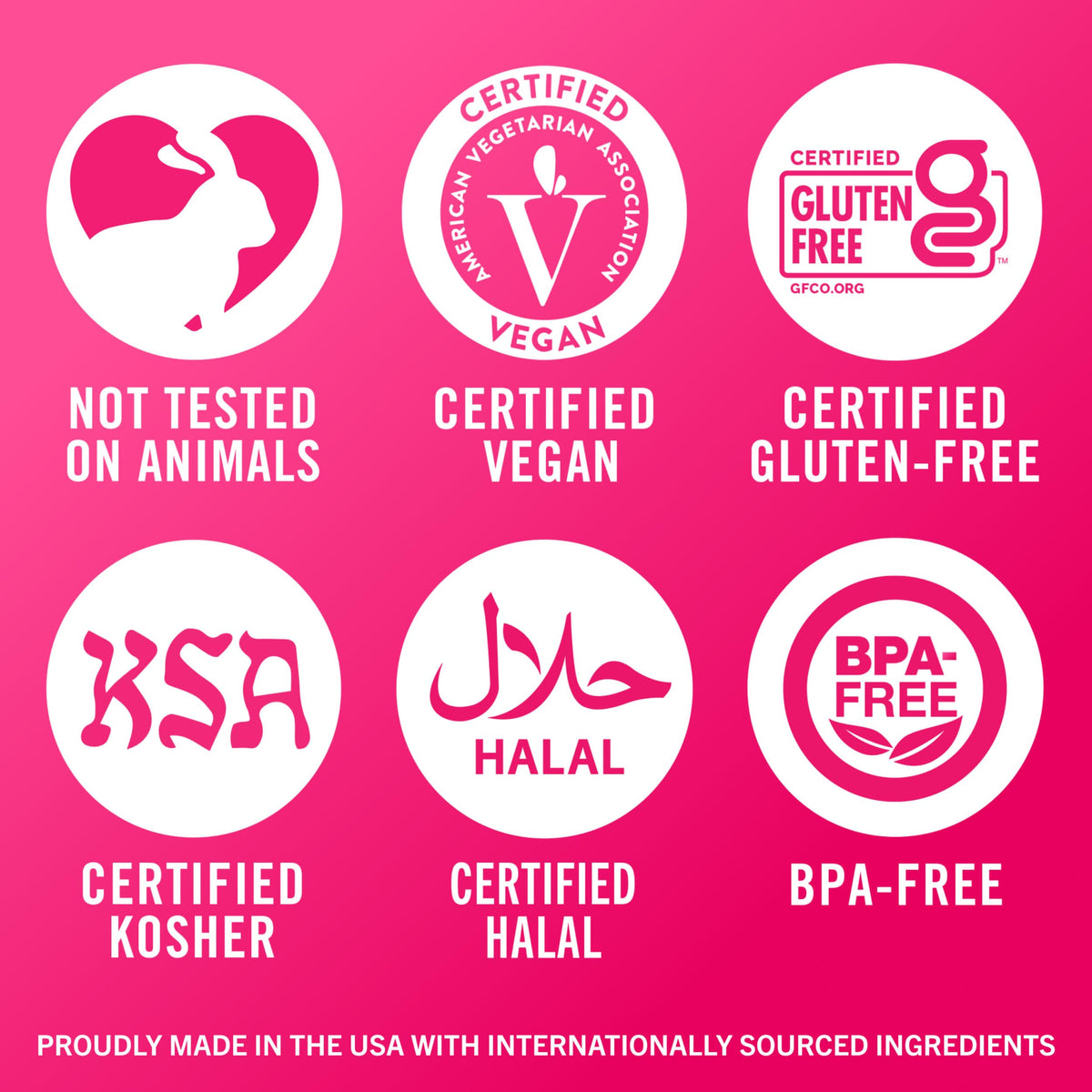TheraBreath oral rinse for bad breath. Certification icons showing not tested on animals vegan gluten free halal kosher BPA free