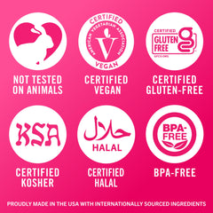 TheraBreath oral rinse for bad breath. Certification icons showing not tested on animals vegan gluten free halal kosher BPA free
