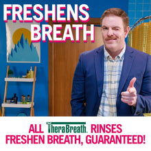 Oral rinse bottle held by man; Freshen breath text banner above