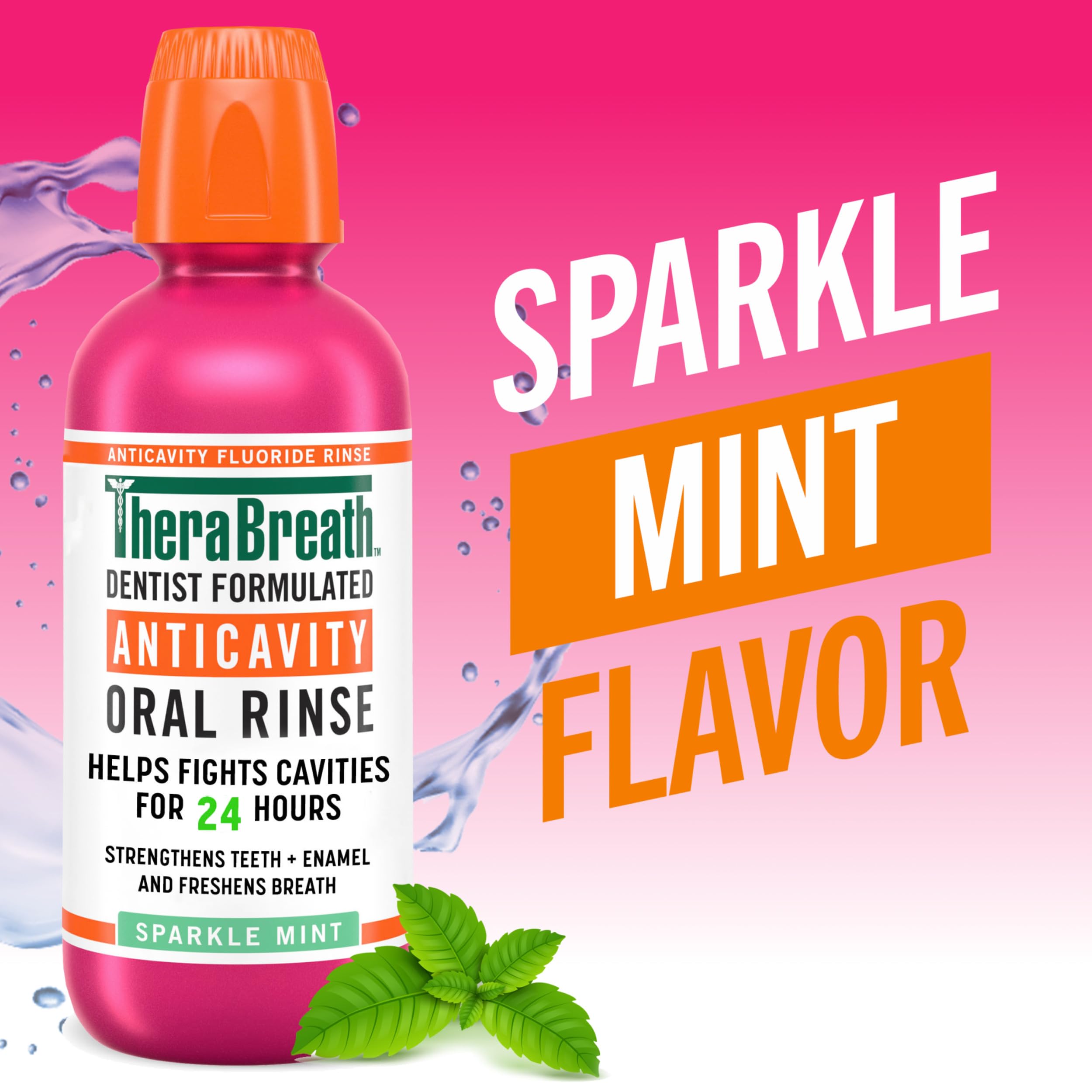 TheraBreath oral rinse for bad breath Sparkle Mint anticavity fluoride bottle with mint leaves and bright pink background