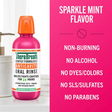 Sparkle Mint oral rinse bottle; non-burning, no alcohol, no dyes/colors, no parabens