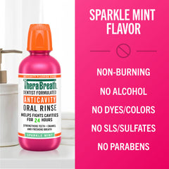 TheraBreath oral rinse for bad breath Sparkle Mint anticavity bottle with orange cap and no alcohol label