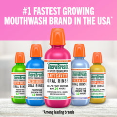 Five colorful bottles of TheraBreath oral rinse for bad breath lined up showing flavors and benefits