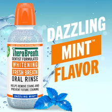 Whitening fresh breath oral rinse bottle with orange cap, sparkling mint design
