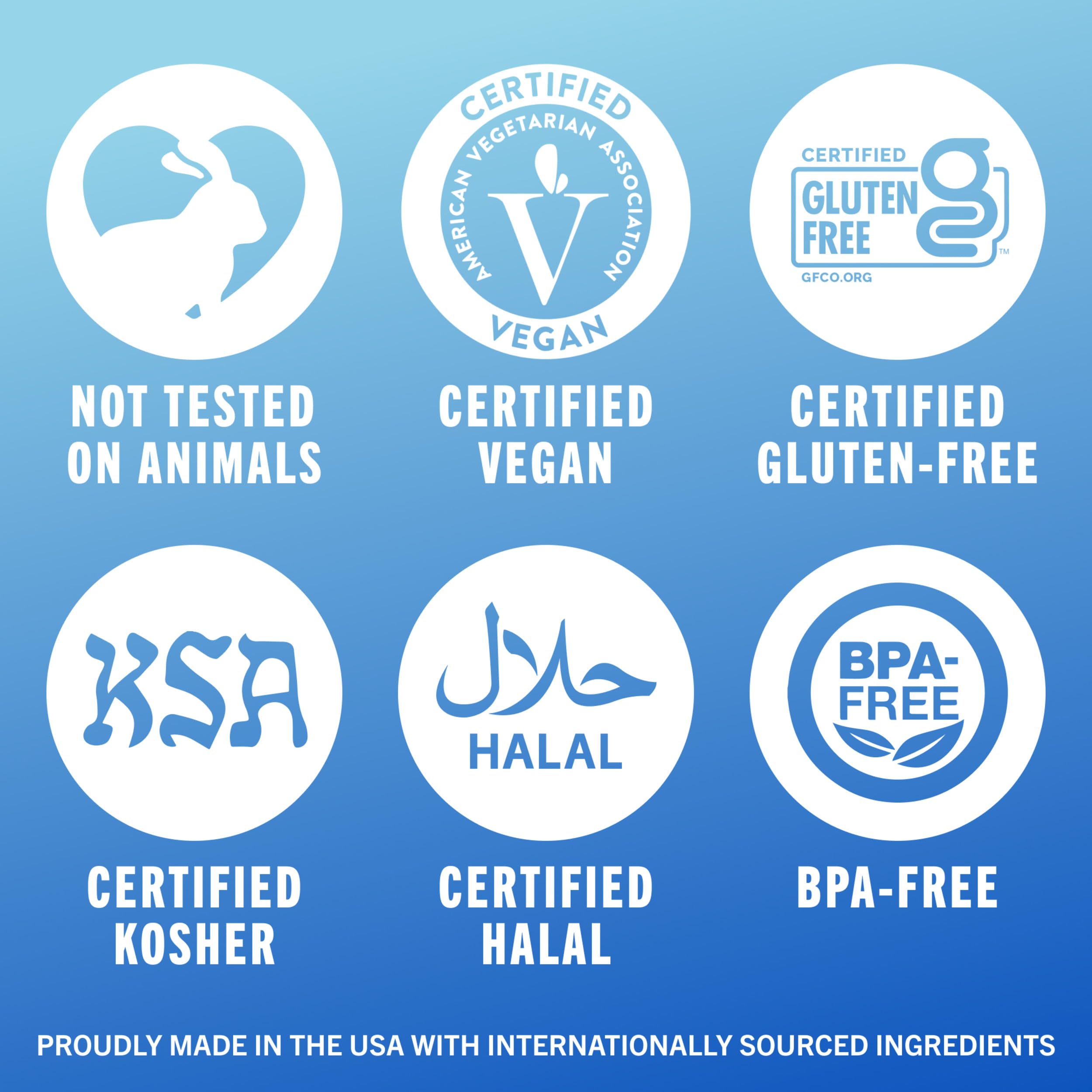 TheraBreath whitening mouthwash UAE certification icons collage showing vegan halal kosher gluten free BPA free made in USA