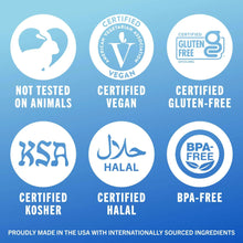 Oral rinse certification icons: vegan, gluten-free, halal, BPA-free, kosher