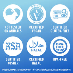 TheraBreath whitening mouthwash UAE certification icons collage showing vegan halal kosher gluten free BPA free made in USA