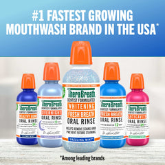 TheraBreath whitening mouthwash UAE showing five TheraBreath oral rinse bottles with whitening fresh breath and formulas