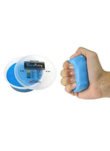 TheraPutty hand exercise putty set with blue putty held in hand and jar