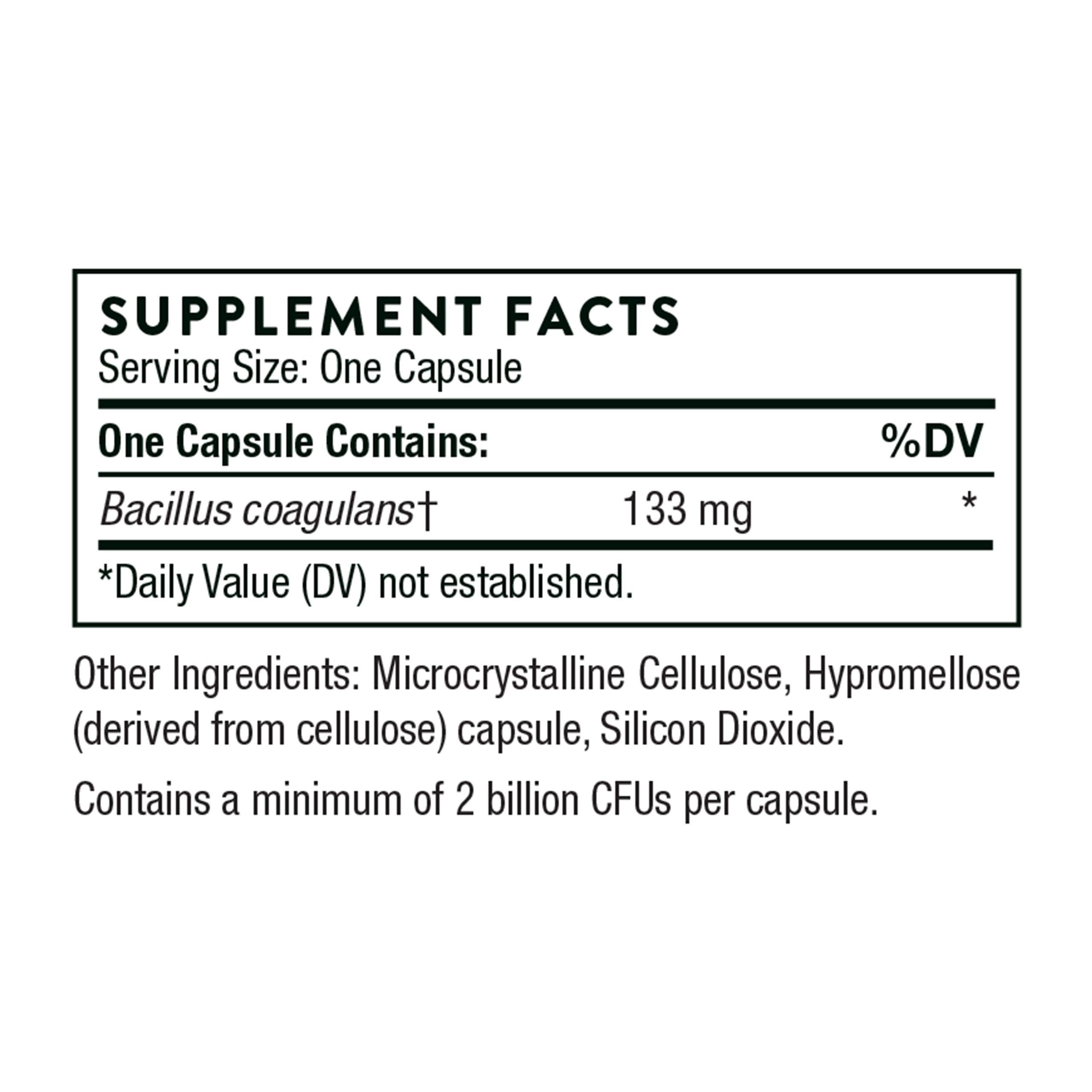THORNE label showing Bacillus coagulans 133 mg per capsule and other ingredients Bacillus coagulans probiotic supplement UAE