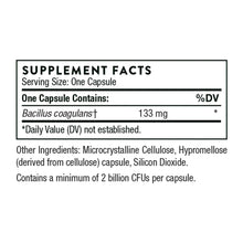 Supplement facts label for Bacillus coagulans probiotic, serving size one capsule