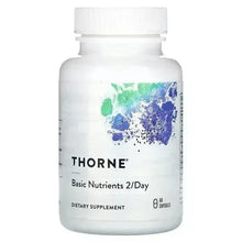 Nutrition supplement bottle with THORNE label, blue-green splash graphic, and cap