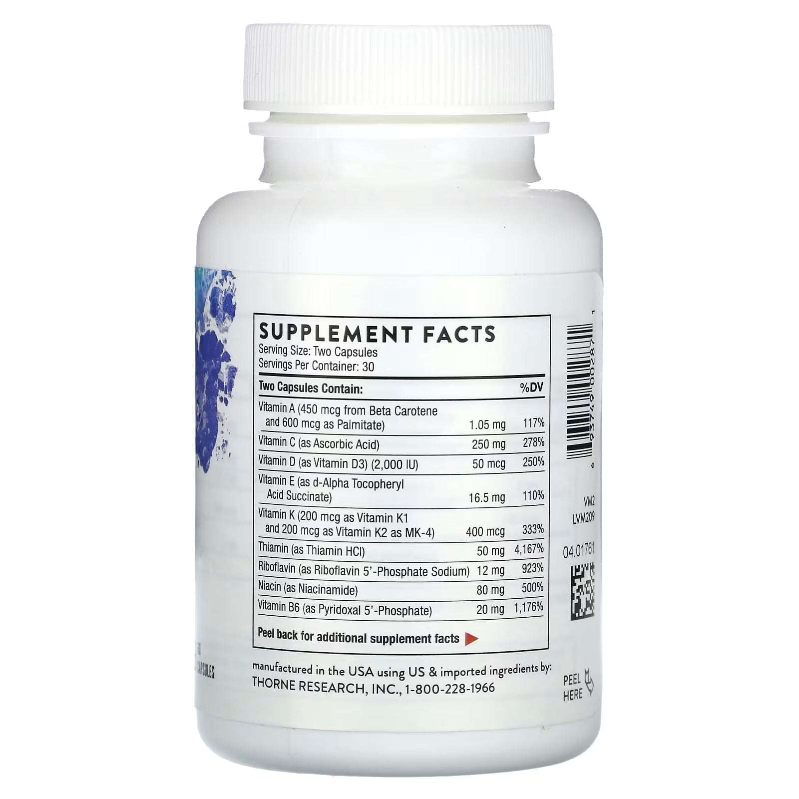 Thorne Basic Nutrients 2/Day UAE vitamin and mineral supplement bottle with detailed supplement facts label
