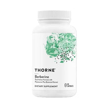 Berberine dietary supplement bottle with THORNE label, 60 capsules, dual action formula.