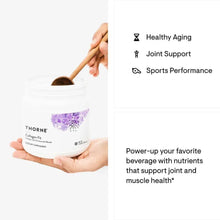 Collagen peptides powder jar in hands with healthy aging and joint support icons