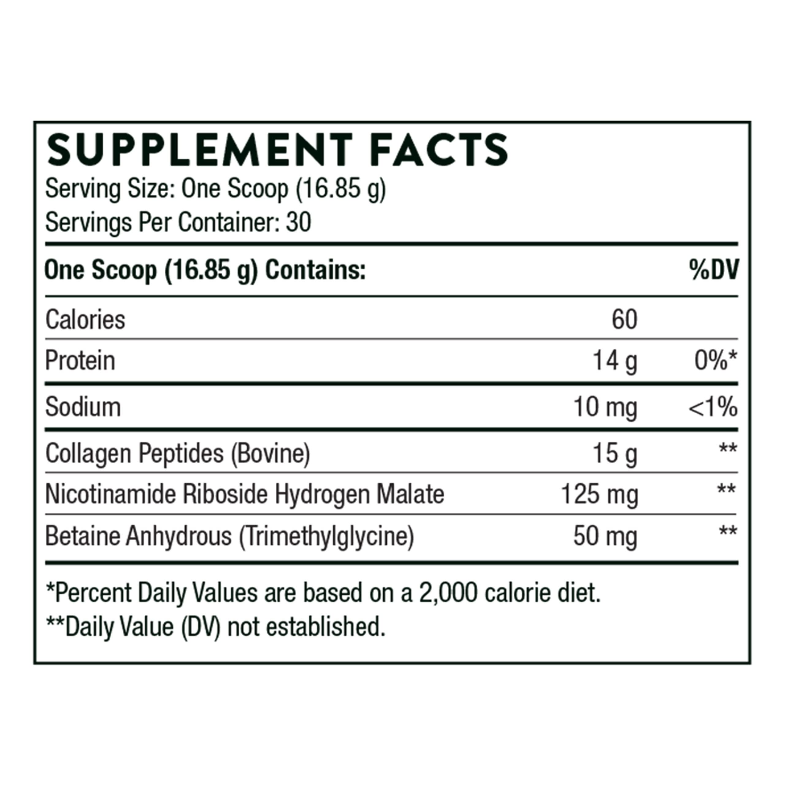 THORNE supplement facts label for collagen peptides powder UAE showing 15 g bovine collagen per scoop