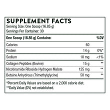 Supplement Facts label listing protein, collagen peptides, nicotinamide riboside, and sodium