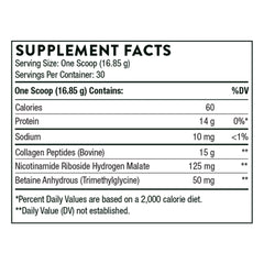 THORNE supplement facts label for collagen peptides powder UAE showing 15 g bovine collagen per scoop