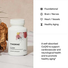 THORNE CoQ10 supplement bottle with icons for brain, heart, and healthy aging