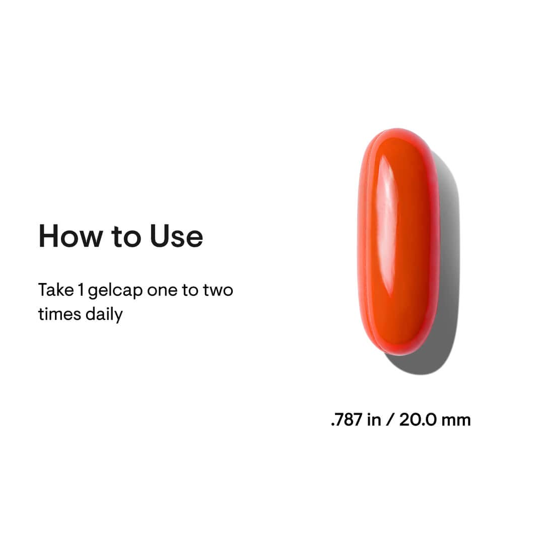 THORNE red gelcap on white background with usage directions and size shown CoQ10 supplement for heart health
