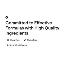 CoQ10 supplement claims panel with icons: Dairy Free, Gluten Free, No Artificial Flavors