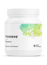 Creatine dietary supplement bottle with THORNE label, 450 g size, white cap