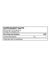 Supplement facts label with 1 scoop (5 g) serving and 5 g creatine monohydrate