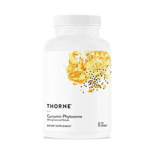 White supplement bottle labeled Curcumin Phytosome 500 mg with gold turmeric splash