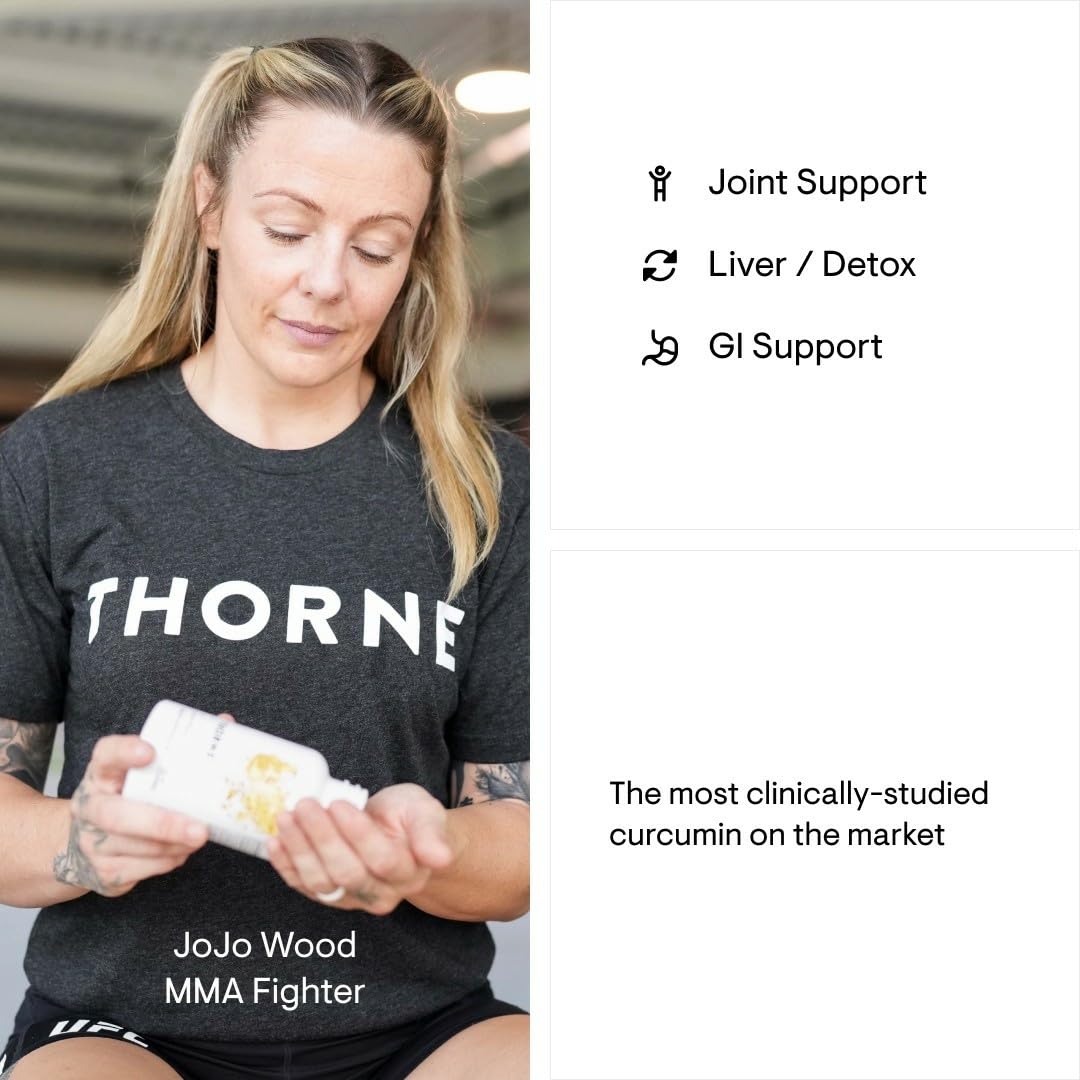 Athlete in Thorne shirt holding a supplement bottle beside joint liver and GI support icons curcumin phytosome supplement UAE