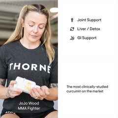 Athlete in Thorne shirt holding a supplement bottle beside joint liver and GI support icons curcumin phytosome supplement UAE