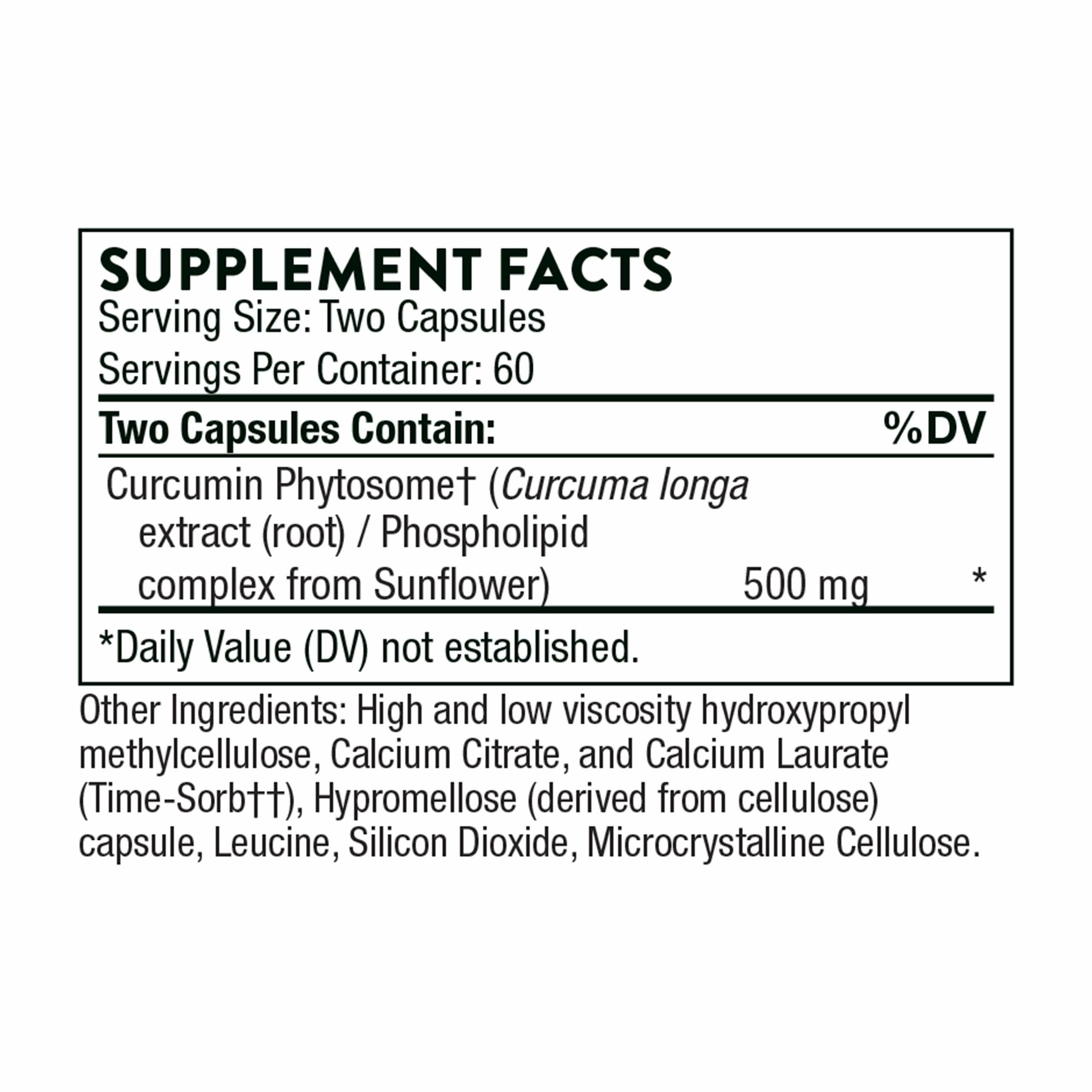 Supplement Facts label listing Curcumin Phytosome 500 mg per two capsules Visit the THORNE Store curcumin phytosome supplement UAE
