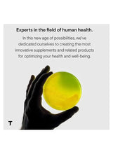 Health experts promotional graphic with yellow supplement sphere in a black-gloved hand